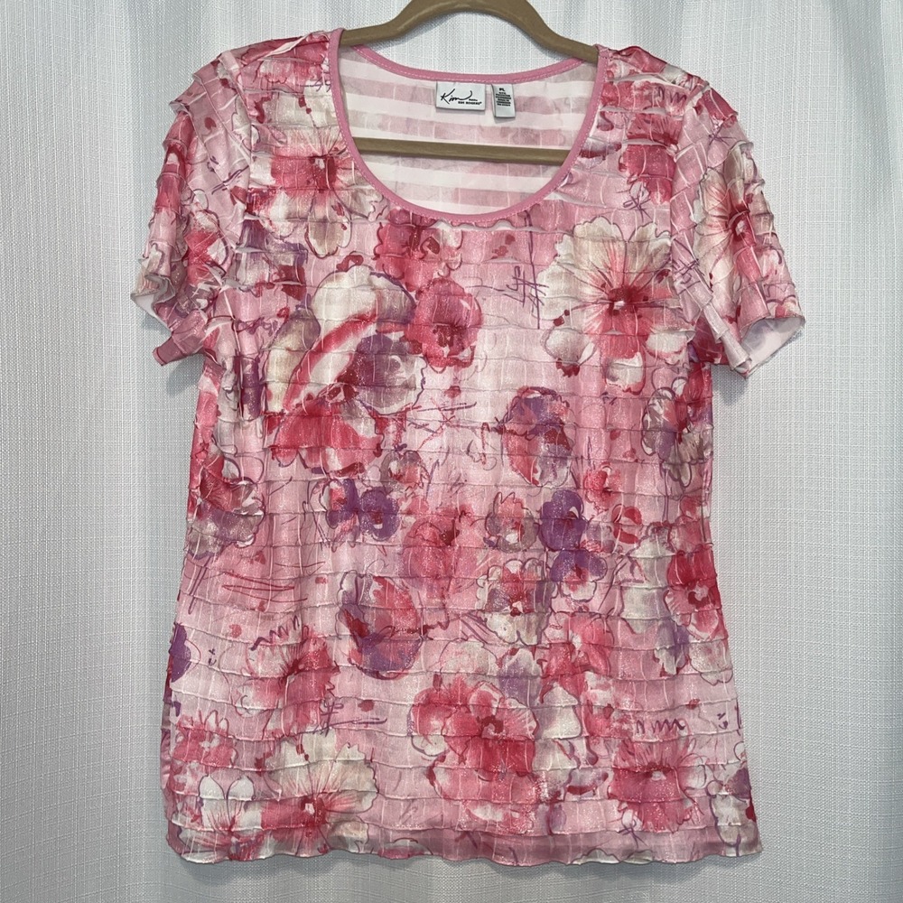 Womens Kim Rogers Petite Floral Mini-Ruffle Short Sleeve Blouse PL NWT‎